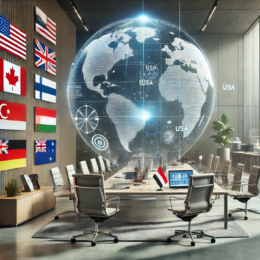 DALL·E 2024-10-02 19.20.45 - A modern, professional consultancy office setting with a global theme. Highlight multiple countries such as the USA, Canada, UK, Australia, UAE, Singa